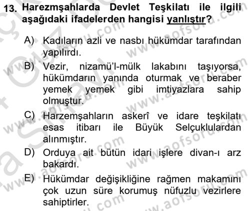 Ortaçağ ve Yeniçağ Türk Devletleri Tarihi Dersi 2023 - 2024 Yılı (Vize) Ara Sınav Soruları 13. Soru