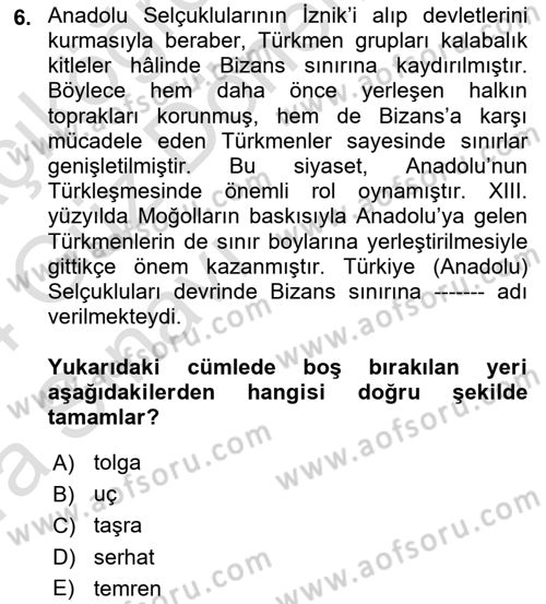 Ortaçağ ve Yeniçağ Türk Devletleri Tarihi Dersi Ara Sınavı Deneme Sınav Soruları 6. Soru