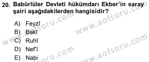 Ortaçağ ve Yeniçağ Türk Devletleri Tarihi Dersi 2023 - 2024 Yılı (Final) Dönem Sonu Sınav Soruları 20. Soru