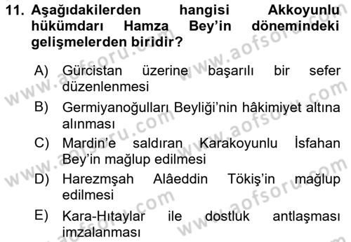 Ortaçağ ve Yeniçağ Türk Devletleri Tarihi Dersi 2023 - 2024 Yılı Yaz Okulu Sınav Soruları 11. Soru