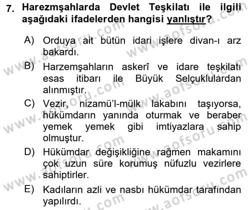 Ortaçağ ve Yeniçağ Türk Devletleri Tarihi Dersi 2023 - 2024 Yılı Yaz Okulu Sınav Soruları 7. Soru