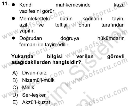 Ortaçağ ve Yeniçağ Türk Devletleri Tarihi Dersi Ara Sınavı Deneme Sınav Soruları 11. Soru