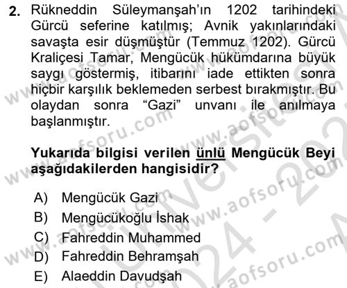 Ortaçağ ve Yeniçağ Türk Devletleri Tarihi Dersi 2024 - 2025 Yılı (Vize) Ara Sınav Soruları 2. Soru