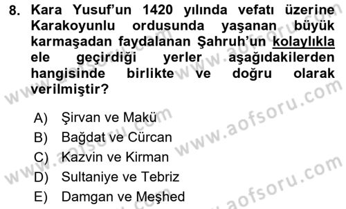 Ortaçağ ve Yeniçağ Türk Devletleri Tarihi Dersi 2024 - 2025 Yılı Yaz Okulu Sınav Soruları 8. Soru