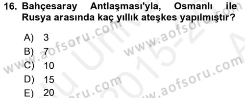 Osmanlı Tarihi (1566-1789) Dersi 2015 - 2016 Yılı (Vize) Ara Sınav Soruları 16. Soru