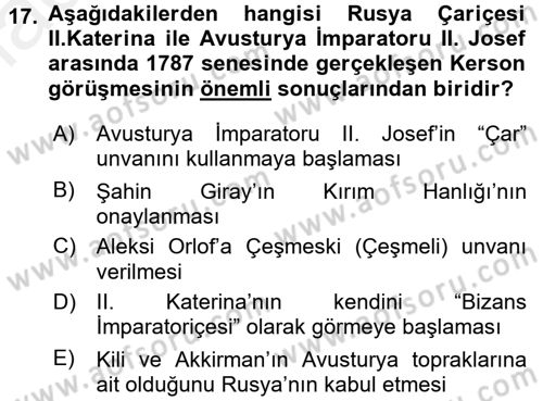 Osmanlı Tarihi (1566-1789) Dersi 2017 - 2018 Yılı (Final) Dönem Sonu Sınav Soruları 17. Soru