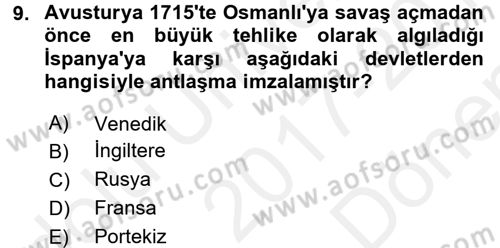 Osmanlı Tarihi (1566-1789) Dersi 2017 - 2018 Yılı (Final) Dönem Sonu Sınav Soruları 9. Soru