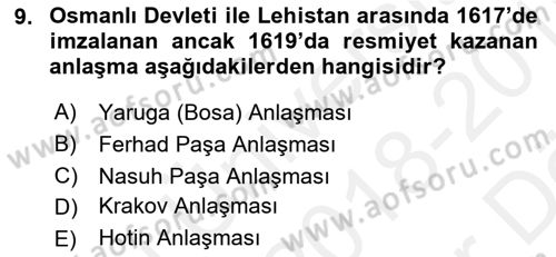 Osmanlı Tarihi (1566-1789) Dersi 2018 - 2019 Yılı (Vize) Ara Sınav Soruları 9. Soru