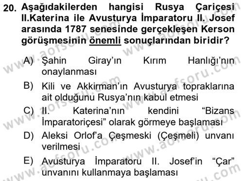 Osmanlı Tarihi (1566-1789) Dersi 2018 - 2019 Yılı Yaz Okulu Sınav Soruları 20. Soru