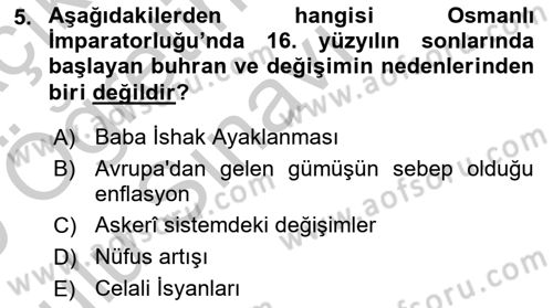Osmanlı Tarihi (1566-1789) Dersi 2018 - 2019 Yılı Yaz Okulu Sınav Soruları 5. Soru