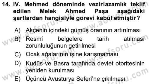 Osmanlı Tarihi (1566-1789) Dersi 2021 - 2022 Yılı (Vize) Ara Sınav Soruları 14. Soru