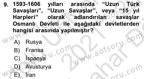 Osmanlı Tarihi (1566-1789) Dersi 2021 - 2022 Yılı (Vize) Ara Sınav Soruları 9. Soru