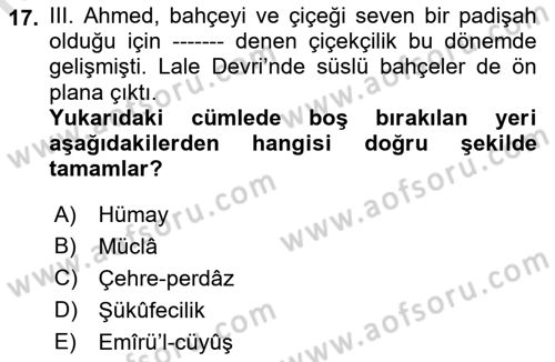 Osmanlı Tarihi (1566-1789) Dersi 2021 - 2022 Yılı Yaz Okulu Sınav Soruları 17. Soru