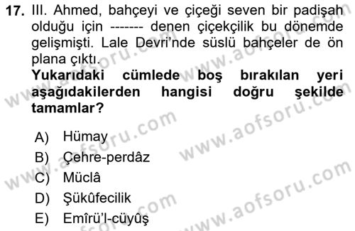Osmanlı Tarihi (1566-1789) Dersi 2022 - 2023 Yılı Yaz Okulu Sınav Soruları 17. Soru