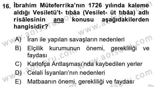 Osmanlı Tarihi (1566-1789) Dersi 2023 - 2024 Yılı (Final) Dönem Sonu Sınav Soruları 16. Soru