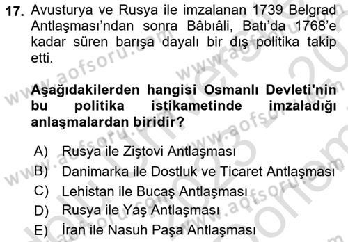 Osmanlı Tarihi (1566-1789) Dersi 2023 - 2024 Yılı (Final) Dönem Sonu Sınav Soruları 17. Soru