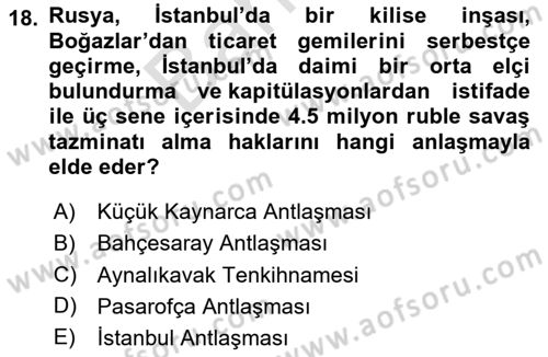 Osmanlı Tarihi (1566-1789) Dersi 2023 - 2024 Yılı (Final) Dönem Sonu Sınav Soruları 18. Soru
