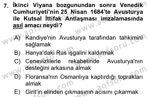 Osmanlı Tarihi (1566-1789) Dersi 2023 - 2024 Yılı (Final) Dönem Sonu Sınav Soruları 7. Soru