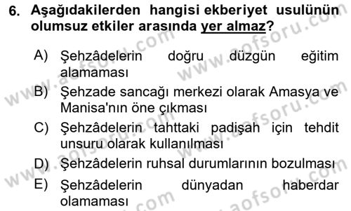 Osmanlı Tarihi (1566-1789) Dersi 2024 - 2025 Yılı (Vize) Ara Sınav Soruları 6. Soru