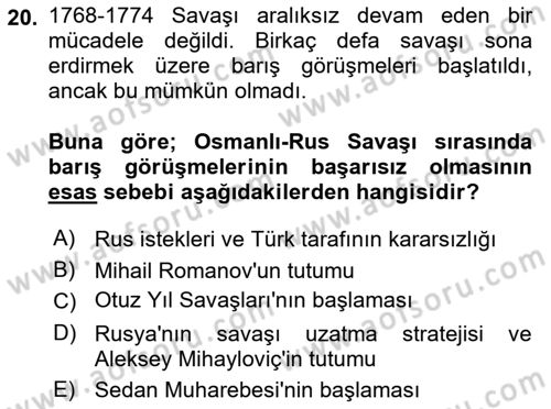 Osmanlı Tarihi (1566-1789) Dersi 2024 - 2025 Yılı (Final) Dönem Sonu Sınav Soruları 20. Soru