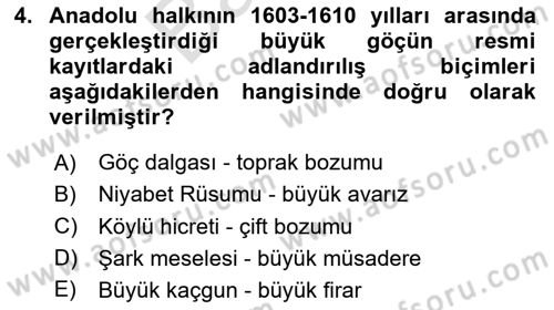 Osmanlı Tarihi (1566-1789) Dersi 2024 - 2025 Yılı (Final) Dönem Sonu Sınav Soruları 4. Soru