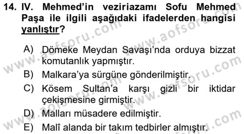 Osmanlı Tarihi (1566-1789) Dersi 2025 - 2026 Yılı (Vize) Ara Sınav Soruları 14. Soru