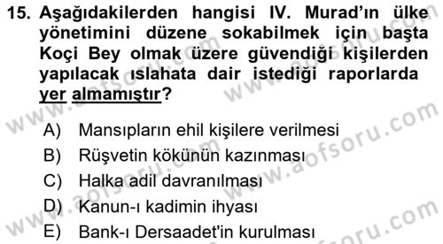 Osmanlı Tarihi (1566-1789) Dersi 2025 - 2026 Yılı (Vize) Ara Sınav Soruları 15. Soru
