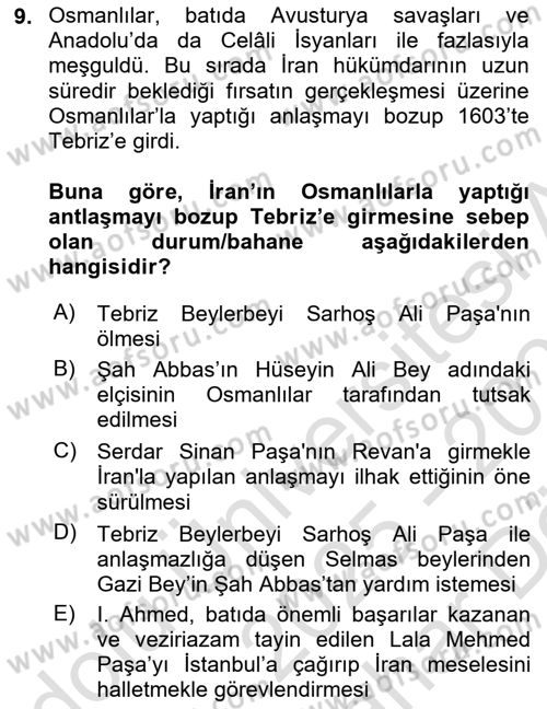 Osmanlı Tarihi (1566-1789) Dersi 2025 - 2026 Yılı (Vize) Ara Sınav Soruları 9. Soru