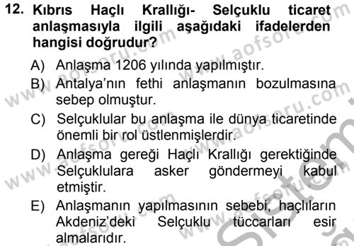Türkiye Selçuklu Tarihi Dersi 2012 - 2013 Yılı (Vize) Ara Sınav Soruları 12. Soru