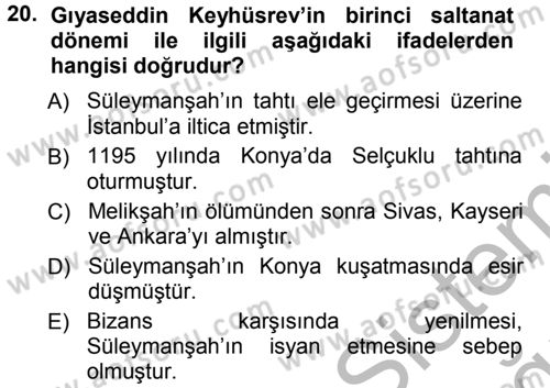 Türkiye Selçuklu Tarihi Dersi 2012 - 2013 Yılı (Vize) Ara Sınav Soruları 20. Soru