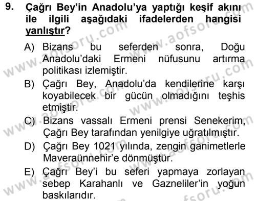 Türkiye Selçuklu Tarihi Dersi 2012 - 2013 Yılı (Vize) Ara Sınav Soruları 9. Soru