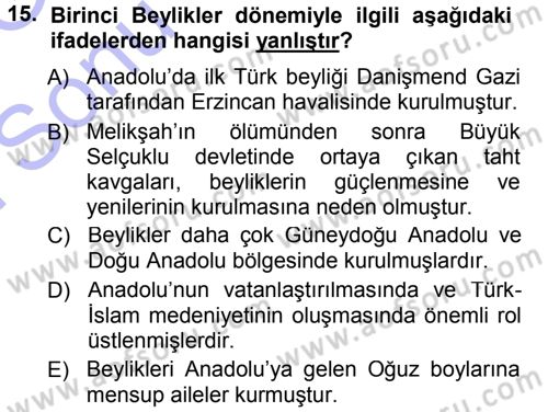 Türkiye Selçuklu Tarihi Dersi 2012 - 2013 Yılı (Final) Dönem Sonu Sınav Soruları 15. Soru