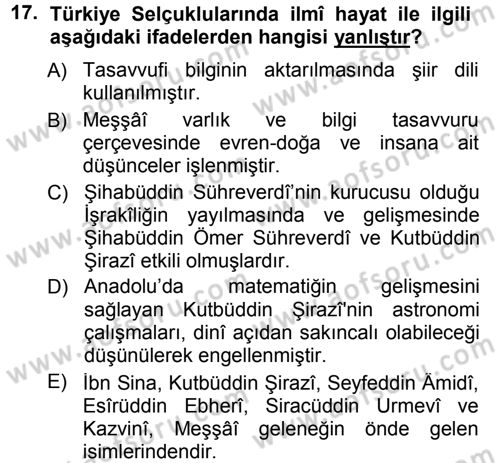 Türkiye Selçuklu Tarihi Dersi 2012 - 2013 Yılı (Final) Dönem Sonu Sınav Soruları 17. Soru