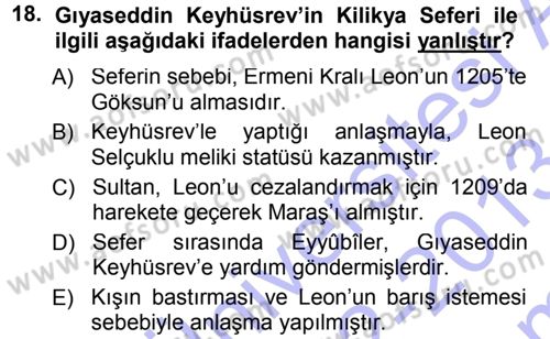Türkiye Selçuklu Tarihi Dersi 2012 - 2013 Yılı (Final) Dönem Sonu Sınav Soruları 18. Soru