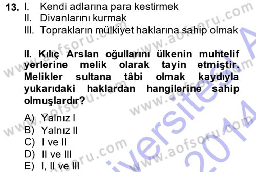 Türkiye Selçuklu Tarihi Dersi 2013 - 2014 Yılı (Vize) Ara Sınav Soruları 13. Soru