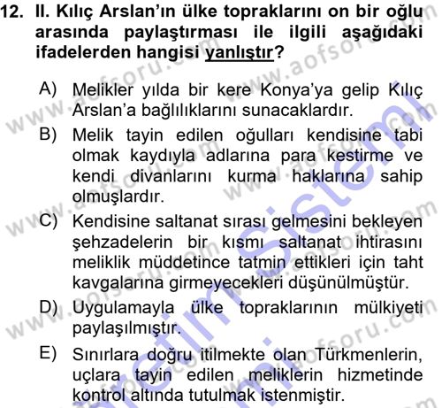 Türkiye Selçuklu Tarihi Dersi 2015 - 2016 Yılı (Vize) Ara Sınav Soruları 12. Soru