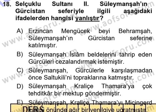 Türkiye Selçuklu Tarihi Dersi 2015 - 2016 Yılı (Vize) Ara Sınav Soruları 18. Soru
