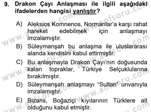 Türkiye Selçuklu Tarihi Dersi 2015 - 2016 Yılı (Vize) Ara Sınav Soruları 9. Soru