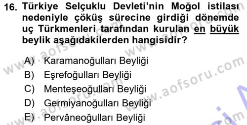 Türkiye Selçuklu Tarihi Dersi 2015 - 2016 Yılı (Final) Dönem Sonu Sınav Soruları 16. Soru