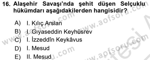 Türkiye Selçuklu Tarihi Dersi 2016 - 2017 Yılı (Vize) Ara Sınav Soruları 16. Soru