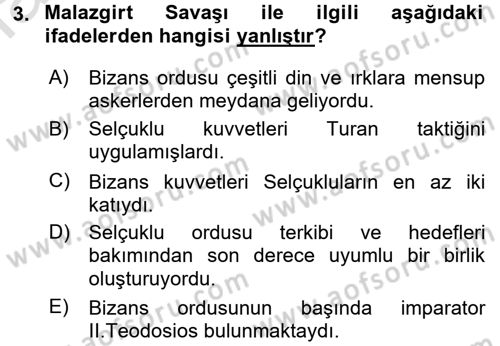 Türkiye Selçuklu Tarihi Dersi 2016 - 2017 Yılı (Vize) Ara Sınav Soruları 3. Soru