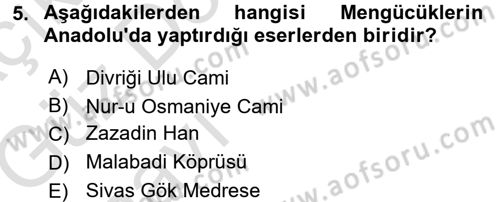 Türkiye Selçuklu Tarihi Dersi 2016 - 2017 Yılı (Vize) Ara Sınav Soruları 5. Soru