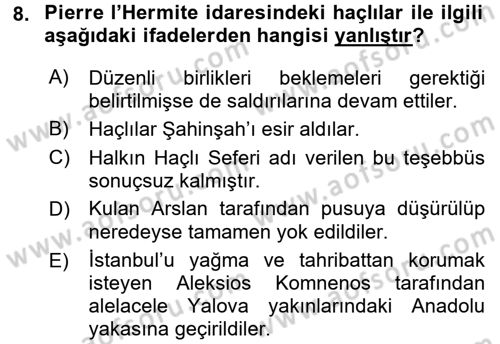 Türkiye Selçuklu Tarihi Dersi 2016 - 2017 Yılı (Vize) Ara Sınav Soruları 8. Soru