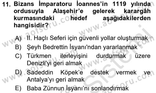 Türkiye Selçuklu Tarihi Dersi 2017 - 2018 Yılı (Vize) Ara Sınav Soruları 11. Soru