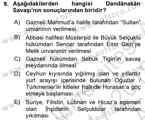 Türkiye Selçuklu Tarihi Dersi 2017 - 2018 Yılı (Vize) Ara Sınav Soruları 9. Soru