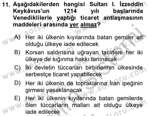 Türkiye Selçuklu Tarihi Dersi 2018 - 2019 Yılı Yaz Okulu Sınav Soruları 11. Soru