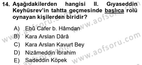 Türkiye Selçuklu Tarihi Dersi 2018 - 2019 Yılı Yaz Okulu Sınav Soruları 14. Soru