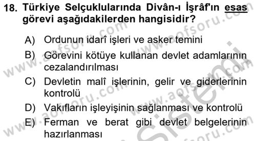 Türkiye Selçuklu Tarihi Dersi 2018 - 2019 Yılı Yaz Okulu Sınav Soruları 18. Soru