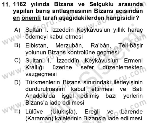 Türkiye Selçuklu Tarihi Dersi 2019 - 2020 Yılı (Vize) Ara Sınav Soruları 11. Soru