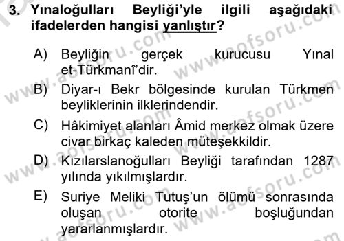 Türkiye Selçuklu Tarihi Dersi 2019 - 2020 Yılı (Vize) Ara Sınav Soruları 3. Soru
